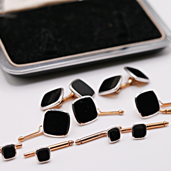 Platinum Clad Black  Tuxedo Stud Set with Cuff links Complete 10 Piece Set - Picture 2 of 4